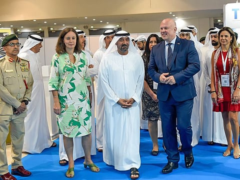 Sheikh Ahmed bin Saeed Al Maktoum visits the airshow on its opening day.