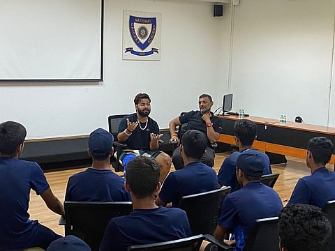 Rishabh Pant talking to the Under-16 players at NCA Bengaluru on Tuesday.