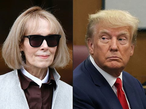  This combination of pictures created on May 09, 2023 shows Writer E. Jean Carroll at the Manhattan Federal Court in New York on April 25, 2023 and former US president Donald Trump at the Manhattan Criminal Court in New York on April 4, 2023.