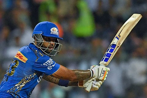 Mumbai Indians' Suryakumar Yadav plays a shot during the IPL match against Royal Challengers Bangalore in Mumbai on Tuesday.