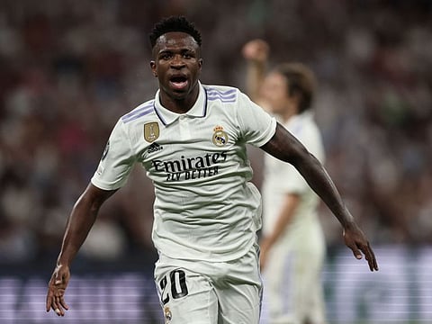 Real Madrid's Brazilian forward Vinicius Junior celebrates after scoring his team's first goal against Manchester City during the Champions League semifinals first leg on Tuesday,