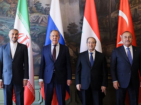 Foreign ministers Hossein Amir-abdollahian of Iran, Sergei Lavrov of Russia, Faisal Mekdad of Syria and Mevlut Cavusoglu of Turkey during a meeting in Moscow on May 10, 2023. 