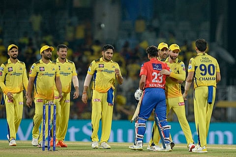 Chennai Super Kings players celebrate after winning the Indian Premier League match against Delhi Capitals on Wednesday.