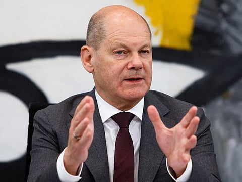 German Chancellor Olaf Scholz speaks during a news conference at the Chancellery in Berlin. “Controlling and limiting irregular migration” is a priority for Germany, Scholz said.