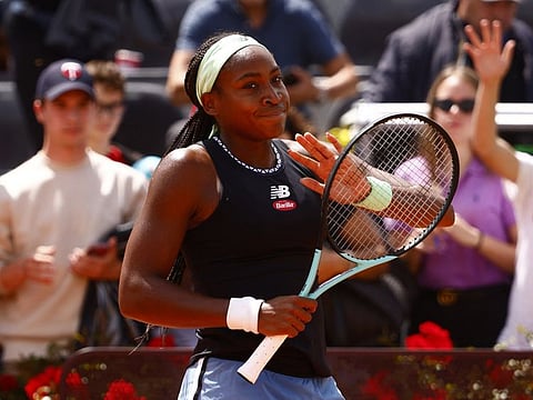 Coco Gauff of the US celebrates winning her round of 64 match against Kazakhstan's Yulia Putintseva in Rome.