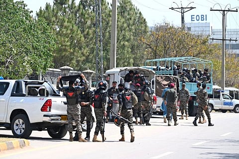 Rangers cordon off the High Court for the arrival of Pakistan's former Prime Minister Imran Khan in Islamabad on May 12.