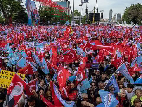 Supports of Kemal Kilicdaroglu, presidential candidate and leader of the Republican People's Party (CHP), wave Turkish national flags during an election campaign rally in Ankara, Turkey.