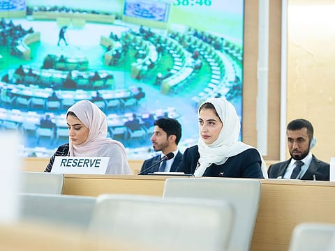 Shayma Al Awadhi (front right), Acting Assistant Undersecretary for Communication and International Relations at the Ministry of Human Resources and Emiratisation, presenting the UAE's report to the Human Rights Council in Geneva