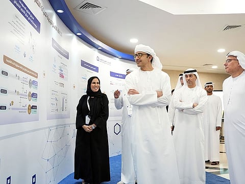 Sheikh Abdullah bin Zayed Al Nahyan (front centre), Minister of Foreign Affairs and International Cooperation and Chairman of the Education and Human Resources Council, at the HCT Dubai Men’s campus on Saturday