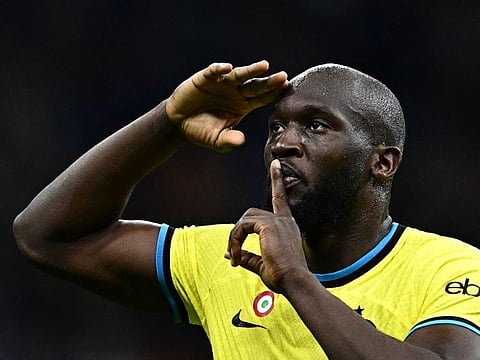 Inter Milan's Romelu Lukaku celebrates after scoring his side's fourth goal during the Serie A match against Sassuolo on Saturday.