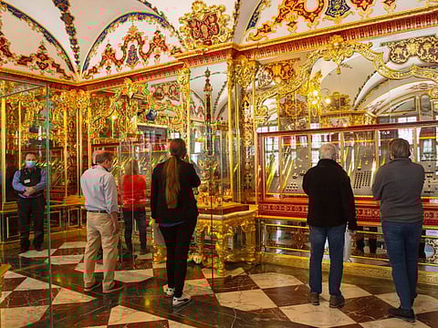  Visitors stand in the Jewel Room during the reopening of the Green Vault Museum in Dresden's Royal Palace of the Dresden State Art Collections (SKD) in Dresden.