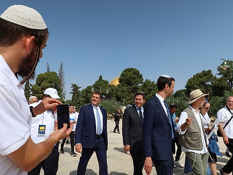 Israeli Knesset members stormed the Al Aqsa compound amid tensions ahead of the annual flag march which marks Jerusalem Day, in Jerusalem on May 18, 2023.  