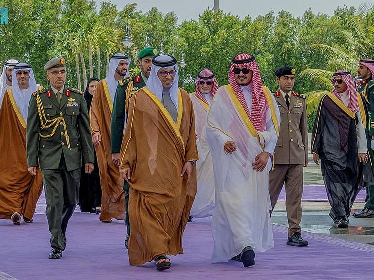 Sheikh Mansour bin Zayed Al Nahyan arrives to attend the Arab League Summit in Jeddah on May 19, 2023.  