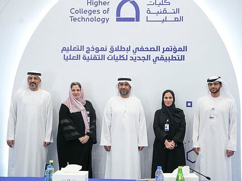 L to R: Dr. Khalid Alhammadi, HCT System Registrar & Executive Director of the Sharjah Campuses, Ms. Hind Al Mualla, HCT Vice President of Employability & Knowledge Economy,  Dr. Faisal Alayyan, HCT President & CEO, Ms. Sumaya Abdulaziz Al Hosani, HCT Vice President of Strategy and Future and Khalid Al Noaimi, Acting Director, HCT Communication Department