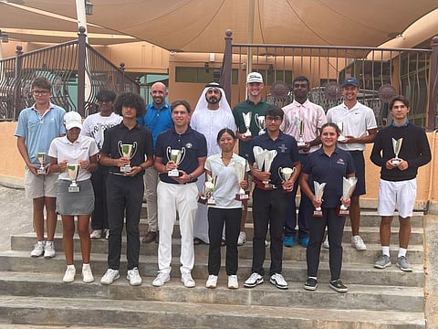 Winners of the EGF Order of Merit Championship and Order of Merit winners, Men's, Ladies' and Juniors, with Akram Skaik, Director General of the EGF and Shane Peacock, Director of Golf, Al Ain Golf & Equestrian Club