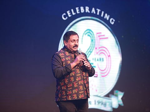 Sohan Roy,  founder chairman and CEO of Aries Group, speaking at the company's silver jubilee celebrations. 