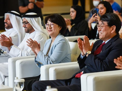 (From left)  Abdallah Sultan AL Owais, Chairman of Board of Directors, Sharjah Chamber of Commerce and Industries, Sheikh Fahim Al Qasimi, Chairman, Department of Government Relations., Sharjah, Lee Hei-Young, President of the King Sejong Institute Foundation and Moon Byung-Jun, Consul General of  Korea.