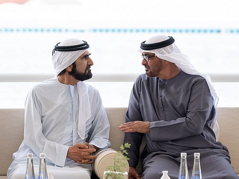 President His Highness Sheikh Mohamed bin Zayed Al Nahyan (right) with His Highness Sheikh Mohammed bin Rashid Al Maktoum, Vice President and Prime Minister and Ruler of Dubai