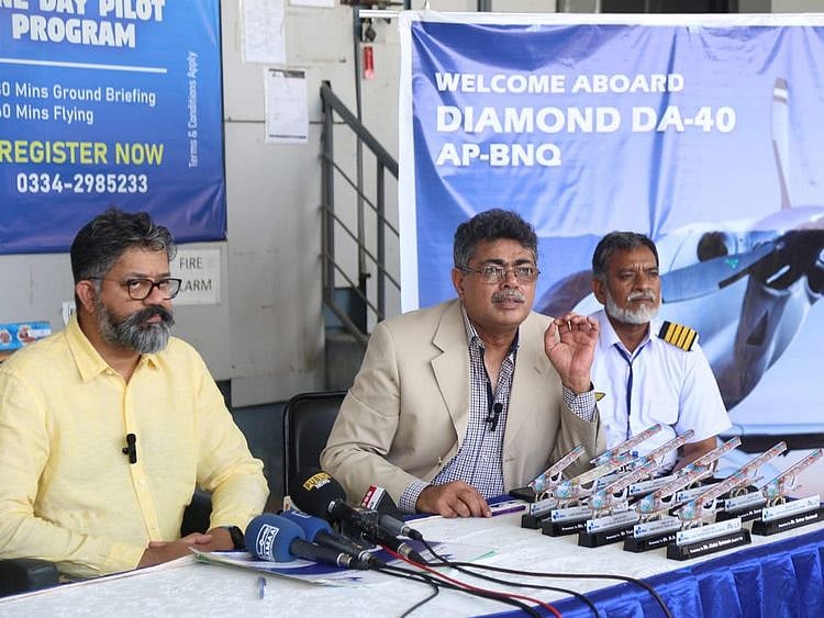 Imran Aslam Khan, Sky Wings Aviation’s chief operating officer, speaking at the launch of new aerial services in Karachi. 