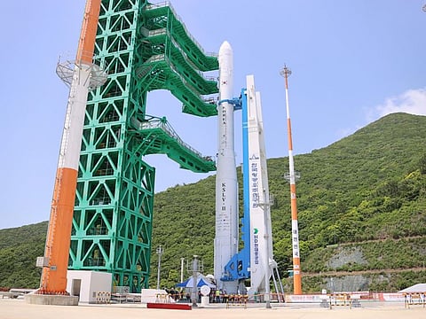 In this photo released by the Korea Aerospace Research Institute, the Nuri rocket sits on its launch pad at the Naro Space Centre in Goheung, South Korea, Tuesday, May 23, 2023.  