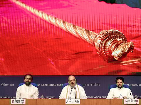 Amit Shah during the press conference on the installation of the historic sceptre 'Sengol' in the new Parliament building, in New Delhi on Wednesday.  