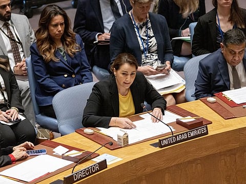  Mariam bint Mohammed Almheiri speaking at Security Council sessions at the United Nations headquarters in New York, USA.