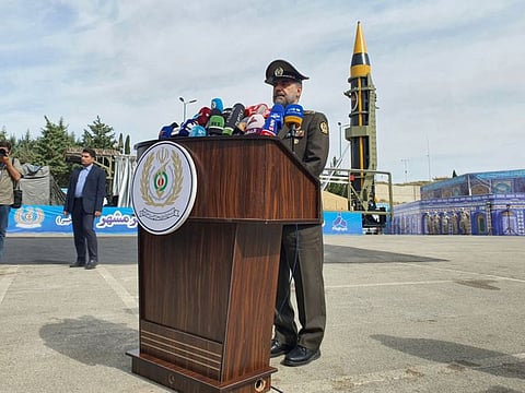 Iran's Defence Minister Brigadier General Mohammad-Reza Ashtiani speaks at a press conference during the unveiling of a new surface-to-surface 4th generation Khorramshahr ballistic missile called Khaibar in Tehran.