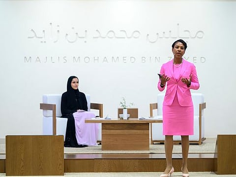Dr Sharron McPherson (R), delivers a lecture titled “Advancing Technologies For a Climate Resilient Future”, at Majlis Mohamed bin Zayed in Al Bateen Palace. Seen with moderator Dr Faye Mohamed Al Hersh, Head of Business Development for green hydrogen UAE, Masdar (back L). 