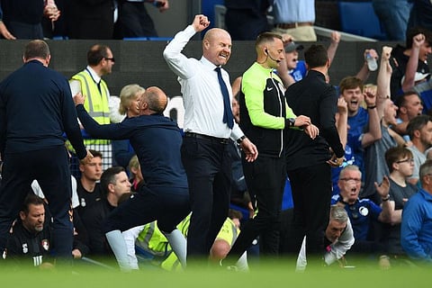 Everton manager Sean Dyche celebrates at the end of the English Premier League match against Bournemouth at Goodison Park in Liverpool, northwest England.