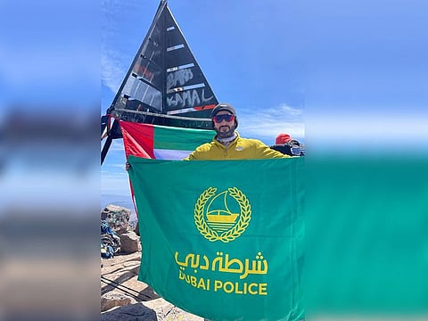 Ahmed Khalifa Al Muzaina summits the 4,167-metre Toubkal Mountain in Morocco, the highest peak in North Africa and the Arab world, the highest peak in the Atlas Mountains Range.