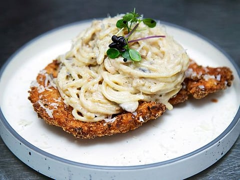 Chicken Milanese with pasta in Bechamel sauce