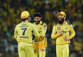 Chennai Super Kings' Ravindra Jadeja celebrates with MS Dhoni.