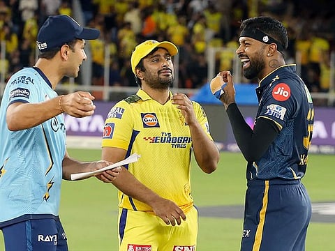Chennai Super Kings' Ambati Rayudu (centre) and Gujarat Titans' skipper Hardik Pandya (right) during the final match of Indian Premier League 2023 in Ahmedabad on Tuesday.