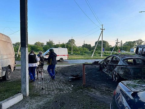 A view shows destroyed vehicles following what was said to be Ukrainian forces' shelling in the course of Russia-Ukraine conflict in the town of Shebekino in the Belgorod region, Russia, in this handout image released May 31, 2023. 