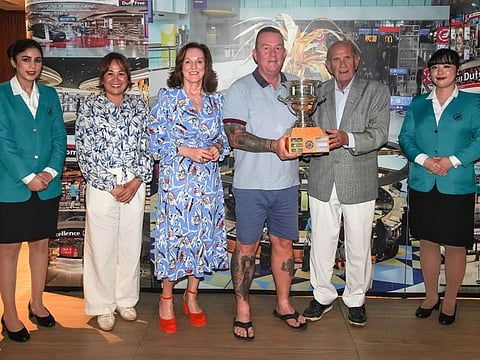 Dubai Duty Free Executive Vice Chairman & CEO Colm McLoughlin along with Sinead El Sibai and Jasmin Micoyco presented the trophy to Adrian Black