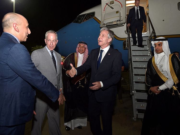 US Secretary of State Antony Blinken is welcomed by US ambassador to Saudi Arabia Michael Ratney and US and Saudi officials upon his arrival in Jeddah, Saudi Arabia, on June 6, 2023.