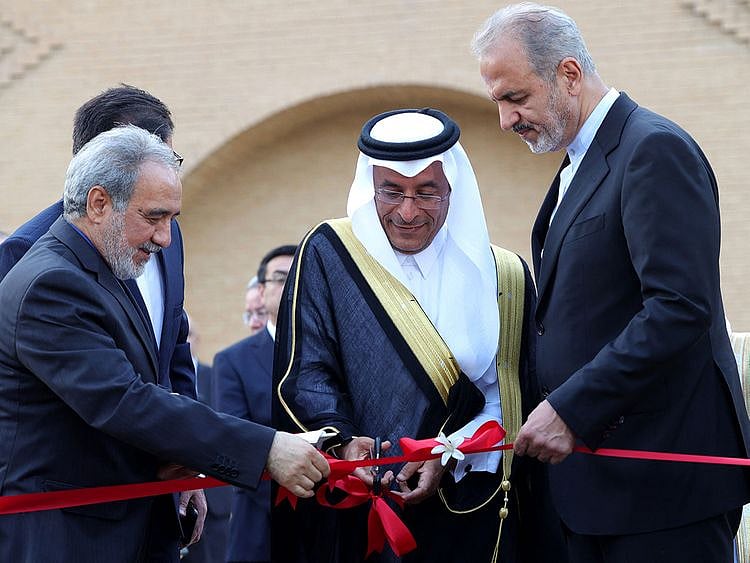 Alireza Bigdeli, Iran's Deputy Foreign Minister for Consular Affairs (right), Saudi Ali Al Yousuf, Director of Consular Affairs at the Ministry of Foreign Affairs (centre) and Charge of consular affairs in the Iranian embassy, Hassan Zarnegar, attend the official ceremony of the reopening of the Iranian embassy in Riyadh, on June 6, 2023.