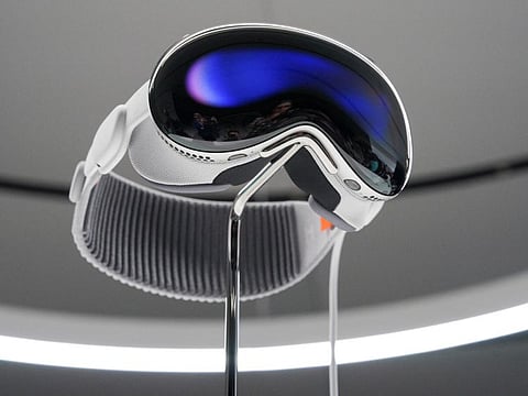 Apple's Vision Pro headset is on display at Apple's annual Worldwide Developers Conference at the company's headquarters in Cupertino, California, U.S. June 5, 2023.