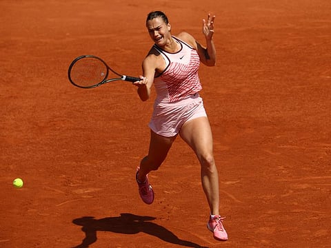 Belarus' Aryna Sabalenka powers a forehand return during her quarter-final match against Ukraine's Elina Svitolina.