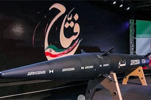 This handout photo provided by Iran's Revolutionary Guard Corps (IRGC) official website Sepah News on June 6, 2023 shows the unveiling ceremony of the new 'Fattah' hypersonic missile in Tehran.  