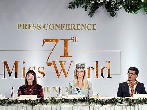 Julia Morley (left), Chairperson, Miss World Organisation, and Miss World 2022 Karolina Bielawska (centre), attend the inaugural press meet for the 71st edition of the beauty pageant, in New Delhi on Thursday. 