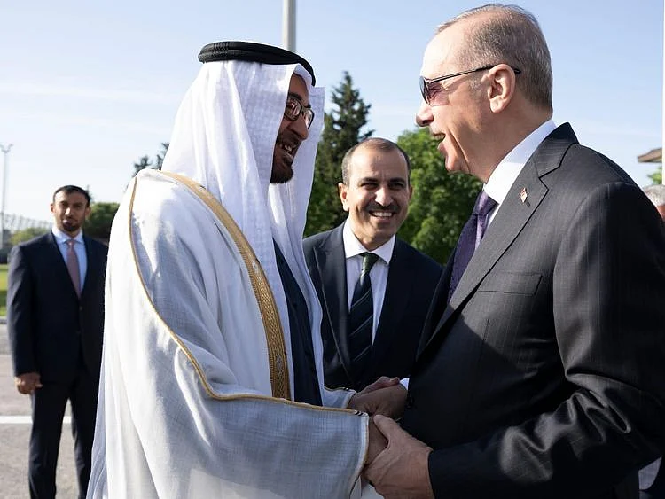 Sheikh Mohamed is received by Erdogan at Ataturk Airport on Saturday.  