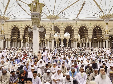 Worshippers attend the Friday prayers at the Prophet’s Mosque in Medina. 