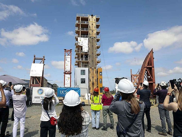A structure stands after an earthquake simulation