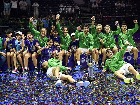 Jaguars team celebrate after winning the final against Panthers in the inaugural World Padel League at Coca-Cola Arena in Dubai on Sunday. 