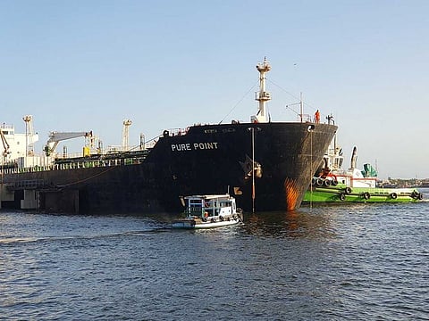 A view of the Russian oil cargo Pure Point, carrying crude oil, anchored at the port in Karachi, Pakistan June 11, 2023. 