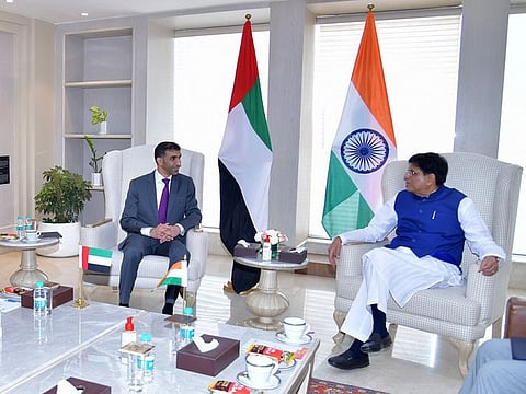 Dr Thani bin Ahmed Al Zeyoudi with Piyush Goyal in New Delhi.