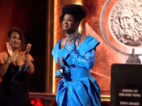 J. Harrison Ghee accepts the award for best performance by an actor in a leading role in a musical for "Some Like It Hot" at the 76th annual Tony Awards on Sunday, June 11, 2023, at the United Palace theater in New York.