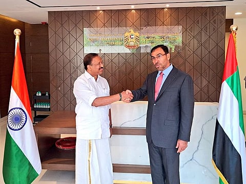 UAE Minister of State Ahmed Ali Al Sayegh with India’s Minister of State for Foreign Affairs, V. Muraleedharan, during the inauguration of the UAE consulate in Hyderabad on June 14, 2023. 