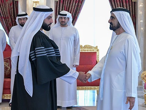 His Highness Sheikh Mohammed bin Rashid Al Maktoum, Vice President and Prime Minister of the UAE and Ruler of Dubai, with a member of the Prosecution, in the presence of Sheikh Maktoum bin Mohammed bin Rashid Al Maktoum, First Deputy Ruler of Dubai, Deputy Prime Minister and Minister of Finance and Chairman of the Dubai Judicial Council, and Sheikh Ahmed bin Mohammed bin Rashid Al Maktoum, Second Deputy Ruler of Dubai
